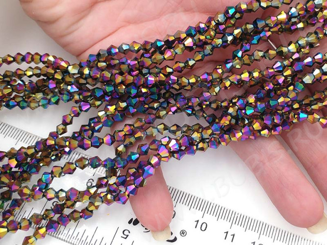 (ОПТ) Бусина кристалл Биконус гранёный 4*4мм Хрусталь бензиновый непрозрачный (имитация Сваровски) (НИТЬ)