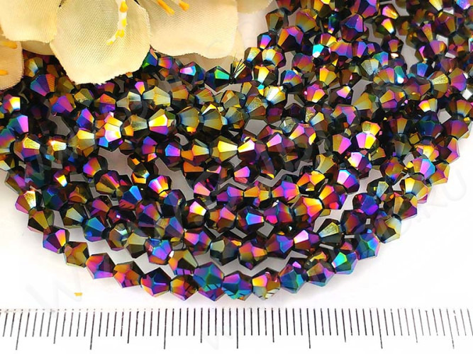 (ОПТ) Бусина кристалл Биконус гранёный 4*4мм Хрусталь бензиновый непрозрачный (имитация Сваровски) (НИТЬ)