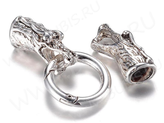 Замочек карабин №082 кольцо с концевиками Драконы 66*25*14мм античное серебро (литьё)