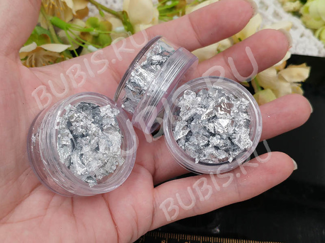 Наполнение для смолы и бутылочек 110 Поталь Bubis Crafts фольга серебристая в контейнере (декор)