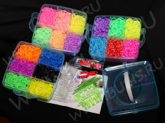 (РАСПРОДАЖА!!!) Набор для плетения браслетов 34 Loom Bands в пластиковом 3х-этажном контейнере ПРОФИ 15,5*15,5*12,5см МИКС резиночек с инструментами (Loom Bands) (5400 резинок)