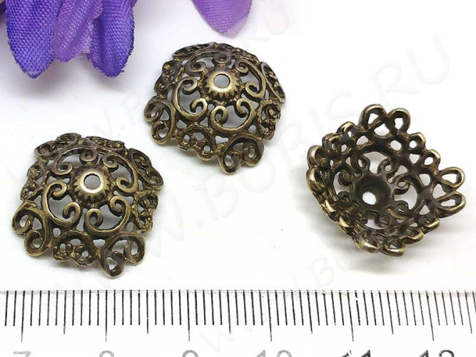 003 Шапочка Ажурная большая 18,5*18,5*8мм античная бронза (литьё)