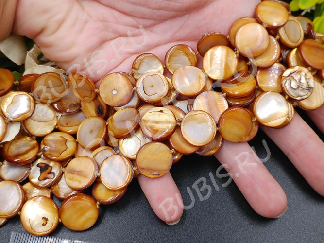 (ОПТ) Бусина Круг 13 перламутр 15*15*3мм коричневый (камни) (перламутр и ракушки) (НИТЬ)