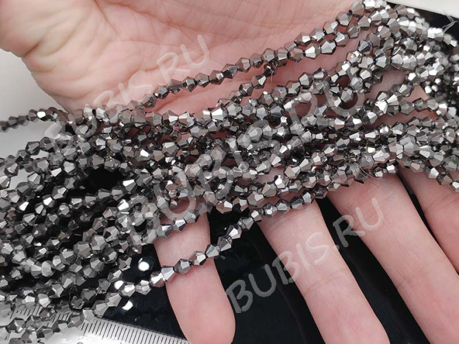 (СКИДКИ!!!) Бусина кристалл Биконус гранёный 4*4мм Хрусталь т.серебристый непрозрачный (имитация Сваровски) (20шт.)
