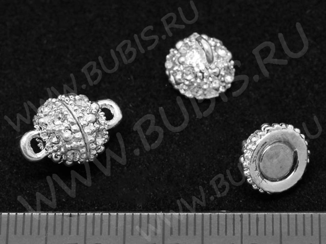 Магнитный замочек №27 Шар со стразами 14,5*9,5*9,5мм серебристый (сплав и стекло)