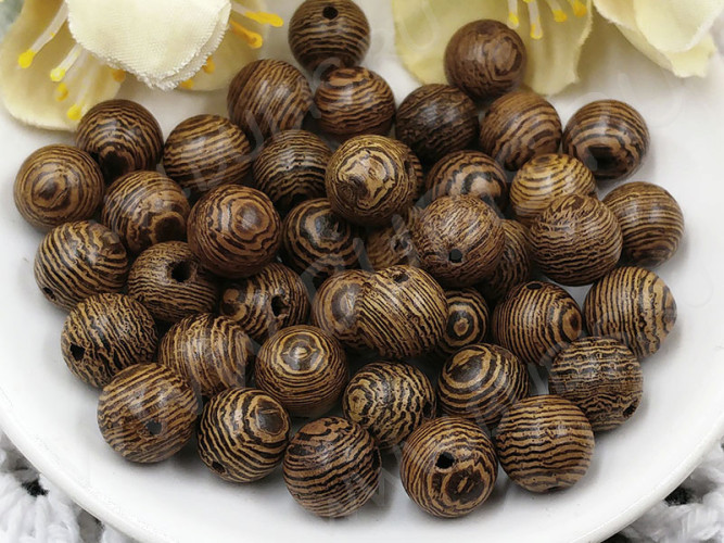 (СКИДКИ!!!) Бусина Округлая 8,5мм Зебра т.коричнево-св.коричневая полосатая (дерево) (50шт.)