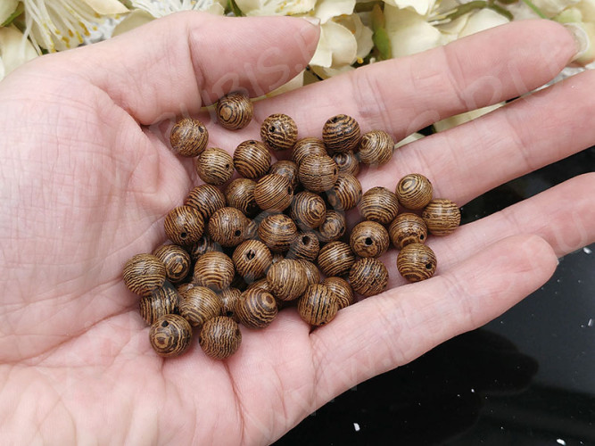 (СКИДКИ!!!) Бусина Округлая 8,5мм Зебра т.коричнево-св.коричневая полосатая (дерево) (50шт.)