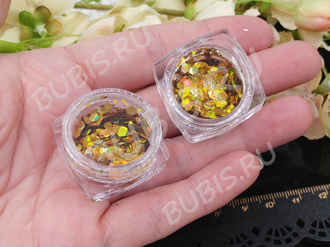 Наполнение для смолы и бутылочек 128 блёстки Bubis Crafts шестигранники МИКС 1-3мм золотистые с АВ в контейнере (декор)
