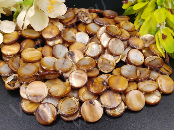 (СКИДКИ!!!) Бусина Круг 13 перламутр 15*15*3мм коричневый (камни) (перламутр и ракушки) (10шт.)