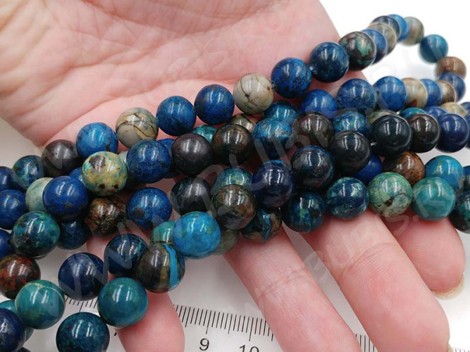 (ОПТ) Бусина округлая 10мм Хризоколла т.сине-бирюзовая натуральная (камни LUX) (НИТЬ)