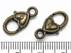 Замочек карабин №033 с сердечком 17,5*9*5мм античная бронза (литьё)