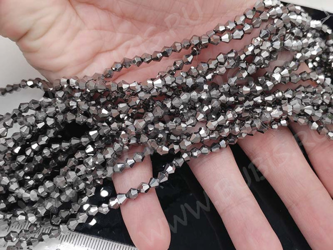 (ОПТ) Бусина кристалл Биконус гранёный 4*4мм Хрусталь т.серебристый непрозрачный (имитация Сваровски) (НИТЬ)