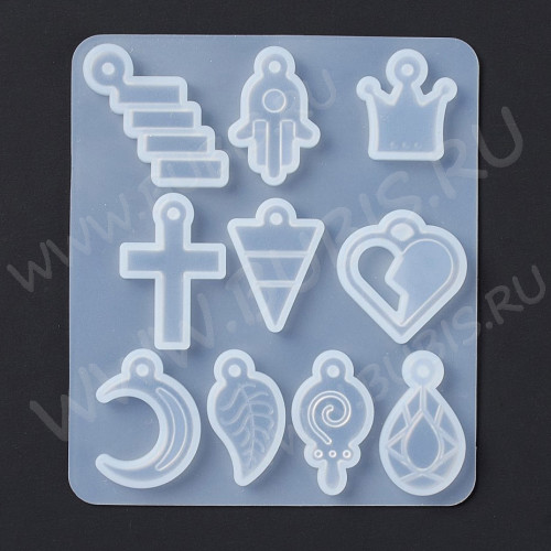 Молд 273 для эпоксидной смолы Корона, Хамса, Молния, Сердце, Треугольник, Крест, Капля, Леденец, Лист, Луна (силикон)