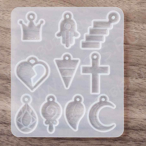 Молд 273 для эпоксидной смолы Корона, Хамса, Молния, Сердце, Треугольник, Крест, Капля, Леденец, Лист, Луна (силикон)