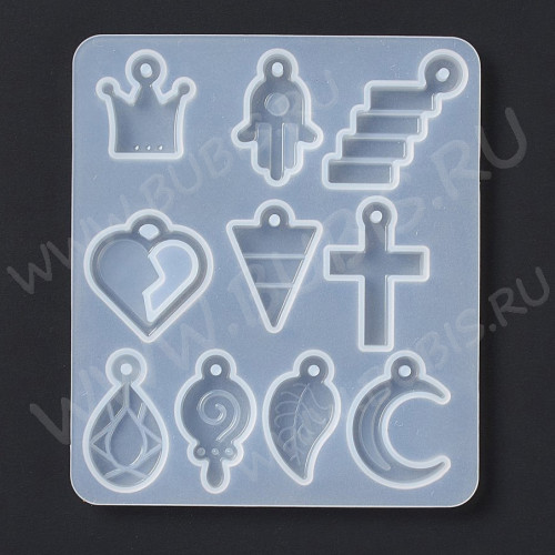 Молд 273 для эпоксидной смолы Корона, Хамса, Молния, Сердце, Треугольник, Крест, Капля, Леденец, Лист, Луна (силикон)