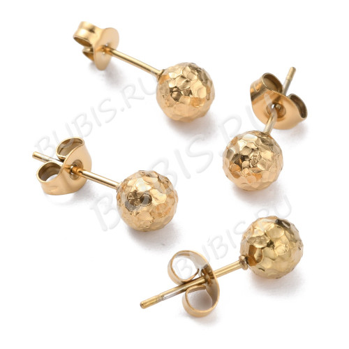 Пуссеты ("гвоздики") №200-G с шариком 6мм текстурой и крепёжками (зажимами) 17*6*0,7мм золотистые (Хирургическая сталь) (1 пара) 
