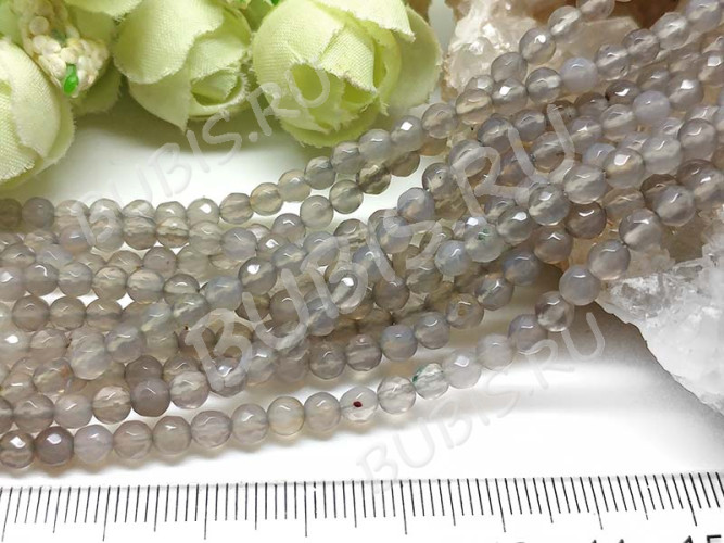 (ОПТ) Бусина округлая ГРАНЁНАЯ 4мм Агат Серый натуральный (камни) (НИТЬ)