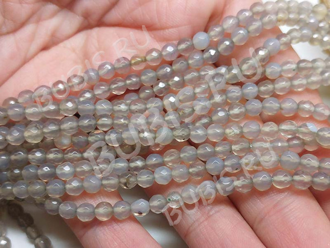 (ОПТ) Бусина округлая ГРАНЁНАЯ 4мм Агат Серый натуральный (камни) (НИТЬ)