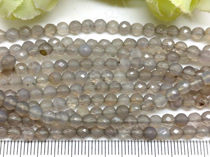 (ОПТ) Бусина округлая ГРАНЁНАЯ 4мм Агат Серый натуральный (камни) (НИТЬ)