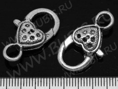 Замочек карабин №025 с сердечком 25,5*13,5*6,5мм античное серебро (литьё)