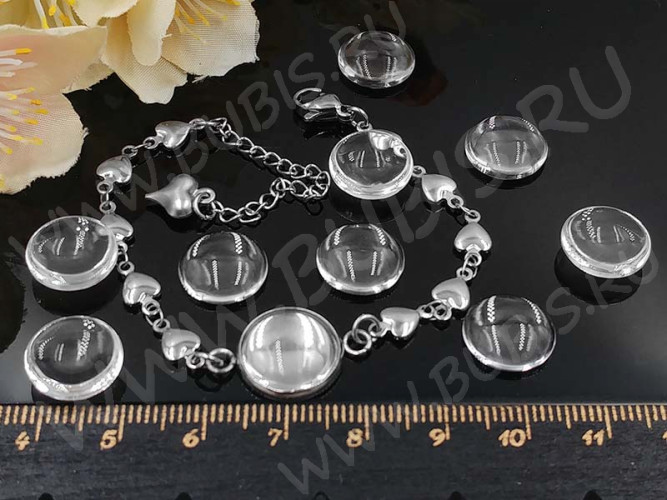 Основа (заготовка) для браслета №58 Сердечки с сеттингом 12мм 15(+5)см цвет платины (хирургическая сталь)