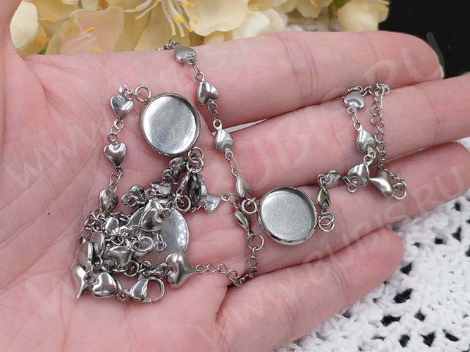 Основа (заготовка) для браслета №58 Сердечки с сеттингом 12мм 15(+5)см цвет платины (хирургическая сталь)