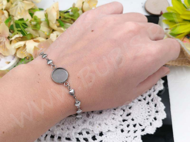 Основа (заготовка) для браслета №58 Сердечки с сеттингом 12мм 15(+5)см цвет платины (хирургическая сталь)