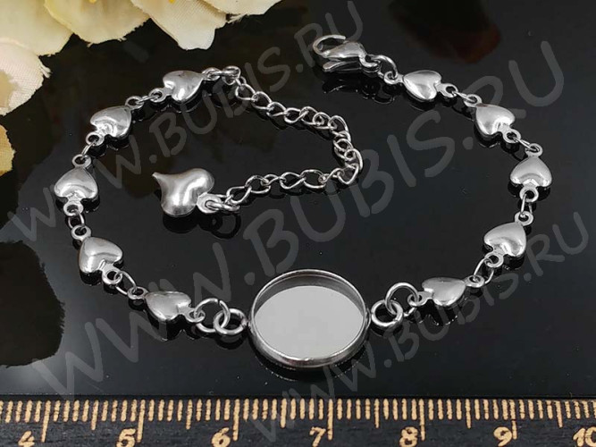 Основа (заготовка) для браслета №58 Сердечки с сеттингом 12мм 15(+5)см цвет платины (хирургическая сталь)