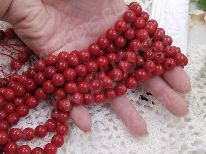 (ОПТ) Бусина округлая 10мм Коралл НАТУРАЛЬНЫЙ т.красный (камни) (НИТЬ)