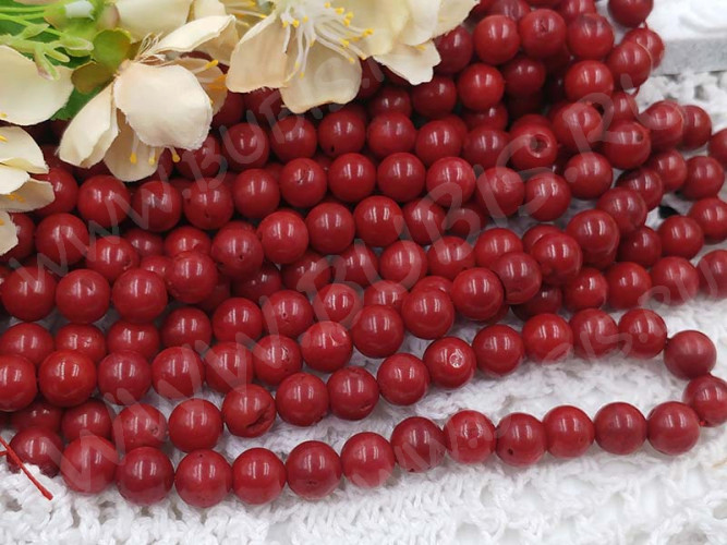 (ОПТ) Бусина округлая 10мм Коралл НАТУРАЛЬНЫЙ т.красный (камни) (НИТЬ)