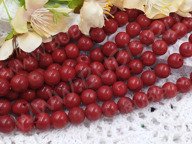 (ОПТ) Бусина округлая 10мм Коралл НАТУРАЛЬНЫЙ т.красный (камни) (НИТЬ)