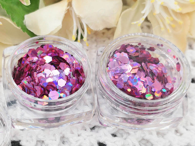 Наполнение для смолы и бутылочек 130 блёстки Bubis Crafts шестигранники МИКС 1-3мм св.сиреневые с АВ в контейнере (декор)