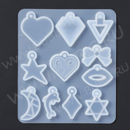 Молд 274 для эпоксидной смолы Треугольник, Кристалл, Сердце, Бантик, Губы, Звезда, Звезда Давида, Ромб, Дельфин, Луна (силикон)