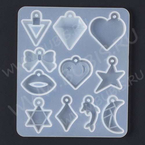 Молд 274 для эпоксидной смолы Треугольник, Кристалл, Сердце, Бантик, Губы, Звезда, Звезда Давида, Ромб, Дельфин, Луна (силикон)