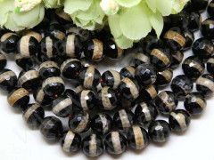 (ОПТ) Бусина округлая ГРАНЁНАЯ 10мм Агат Тибетский с полоской чёрно-бежевый (камни) (НИТЬ)