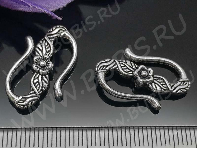 167 Тоггл-крючок S-образный с цветочком 23*14*4,5мм античное серебро (литьё)