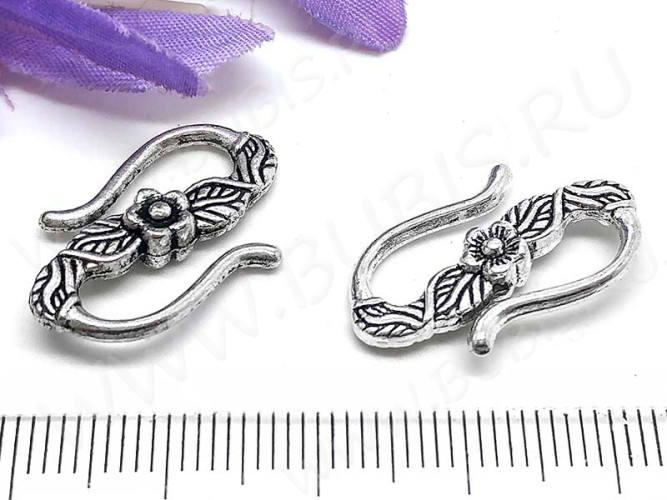 167 Тоггл-крючок S-образный с цветочком 23*14*4,5мм античное серебро (литьё)