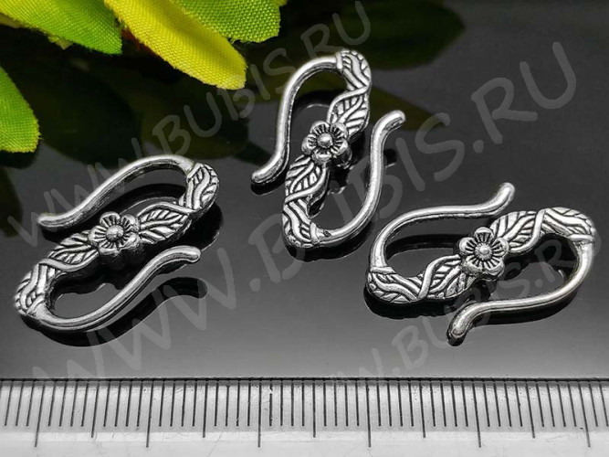 167 Тоггл-крючок S-образный с цветочком 23*14*4,5мм античное серебро (литьё)