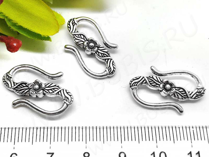 167 Тоггл-крючок S-образный с цветочком 23*14*4,5мм античное серебро (литьё)