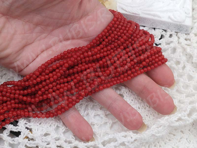 (ОПТ) Бусина округлая 2-3мм Коралл т.красный натуральный (камни) (НИТЬ)
