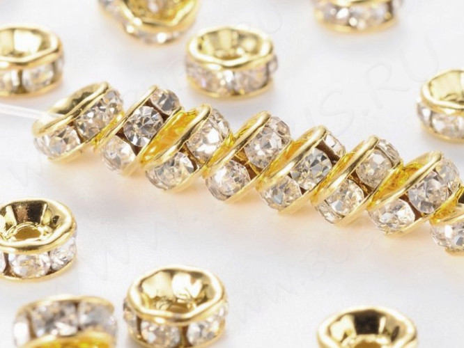 Рондель со стразами 08 круглый с фианитами 5*5*2,3мм золотисто-прозрачный (Brass и стекло)(10шт)