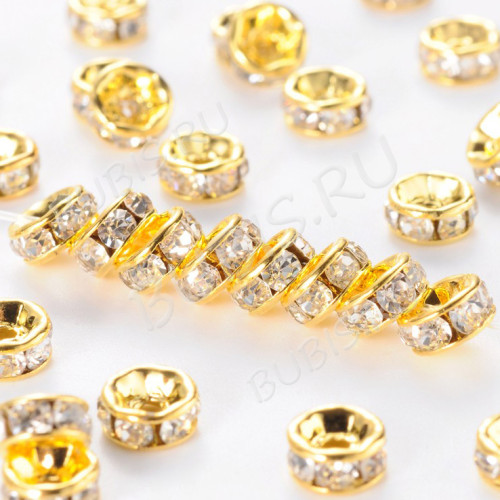 Рондель со стразами 08 круглый с фианитами 5*5*2,3мм золотисто-прозрачный (Brass и стекло)(10шт)