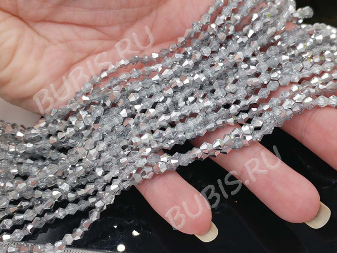 (СКИДКИ!!!) Бусина кристалл Биконус гранёный 4*4мм Хрусталь прозрачно-серебристый непрозрачный (имитация Сваровски) (20шт.)