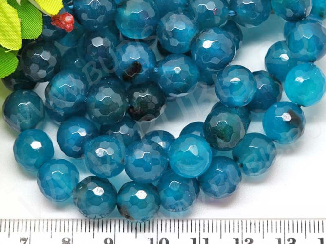 (ОПТ) Бусина округлая ГРАНЁНАЯ 10мм Агат т.голубо-бирюзовый (камни) (НИТЬ)