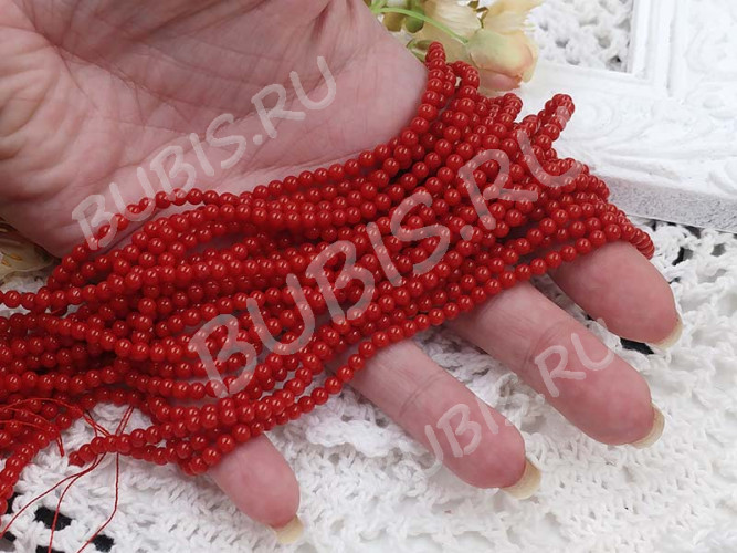 (ОПТ) Бусина округлая 3-4мм Коралл т.красный натуральный (камни) (НИТЬ)