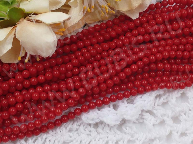 (ОПТ) Бусина округлая 3-4мм Коралл т.красный натуральный (камни) (НИТЬ)