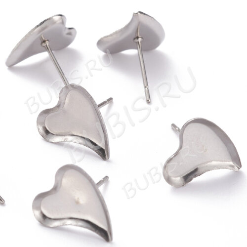 Пуссеты ("гвоздики") №195 (с сеттингом сердце 12*10мм) 12,5*12*10*0,6мм цвет платины (Хирургическая сталь) (1 пара)