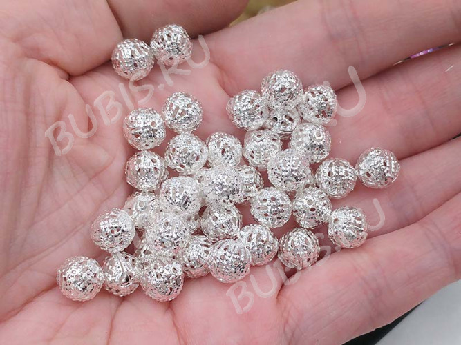 Бусина ажурная 13 "Шарик" 8мм серебристый (LUX Китай) (Brass)