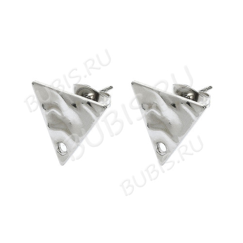 Пуссеты ("гвоздики") №213 Треугольник 14*14*14мм с текстурой и крепёжками (зажимами) цвет платины (Хирургическая сталь) (1 пара)
