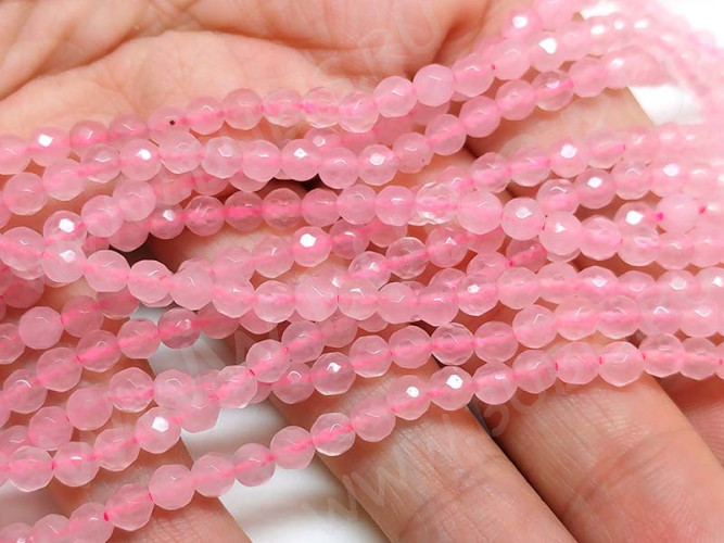 (ОПТ) Бусина округлая ГРАНЁНАЯ 4мм Розовый кварц (камни) (НИТЬ)